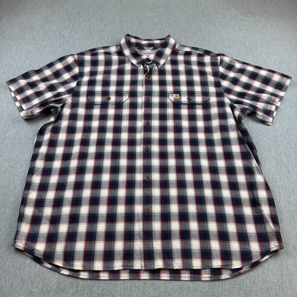 Carhartt Shirt Mens 2XL XXL Blue Gray Plaid Relaxed Fit Button Down Short Sleeve